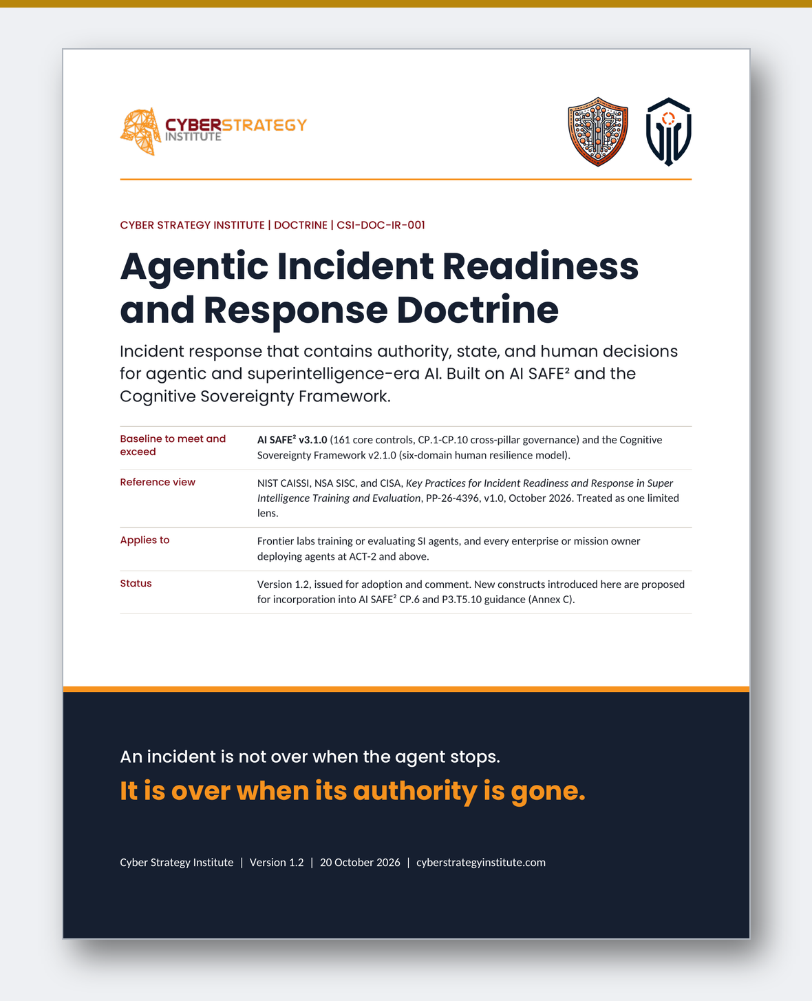 Cover of the Agentic Incident Readiness and Response Doctrine (CSI-DOC-IR-001, version 1.2), the agentic AI incident response doctrine from Cyber Strategy Institute